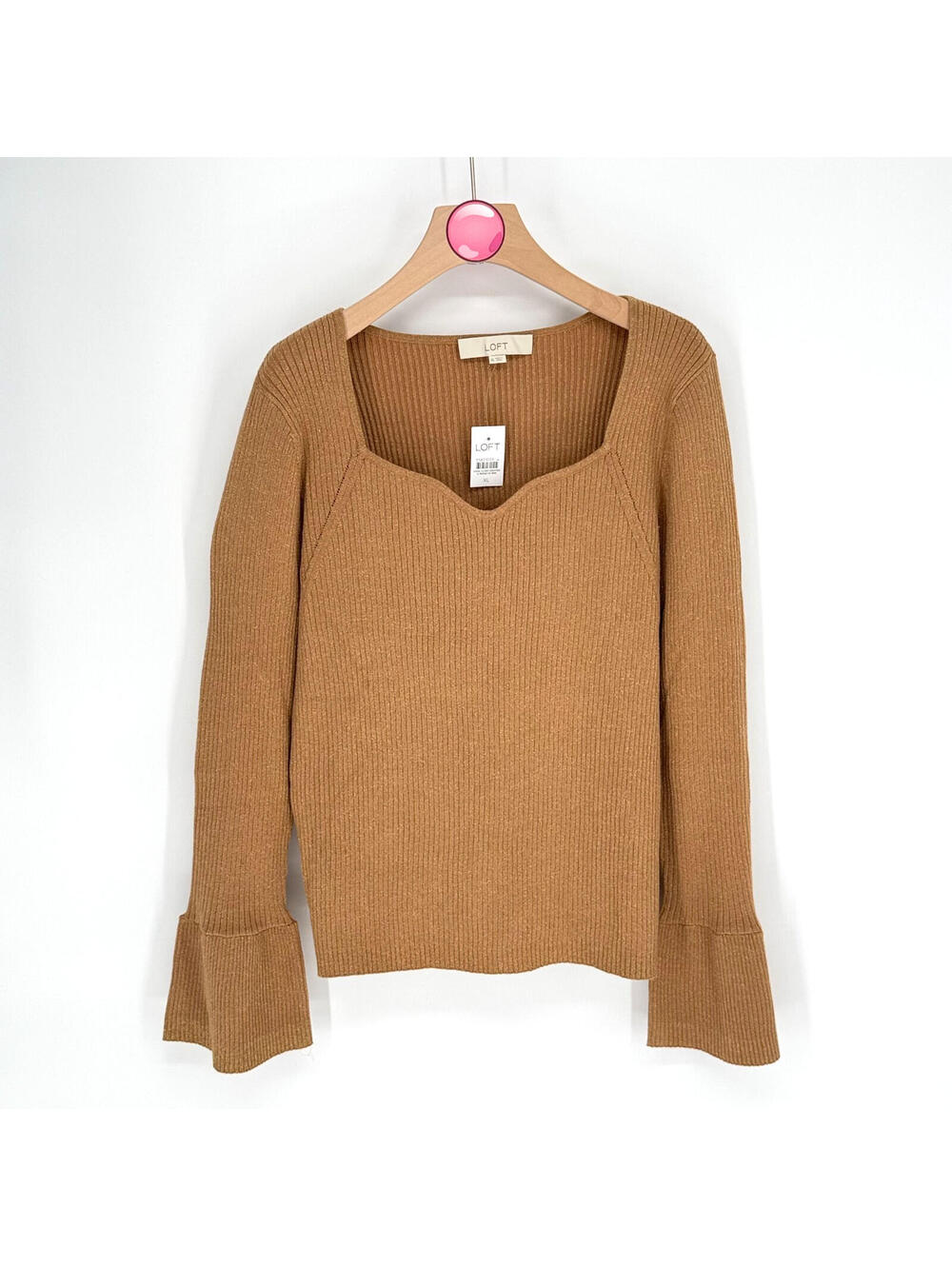 LOFT Shimmer Ribbed‎ Sweater Coquette Core Flare Cuff Camel Womens XL NWT